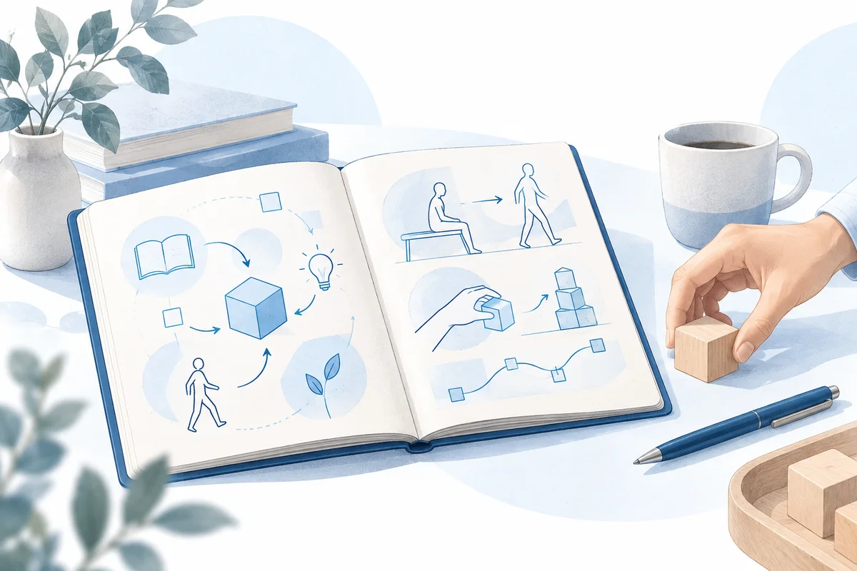 ノートの図解と日常の動作を結びつけるイラスト